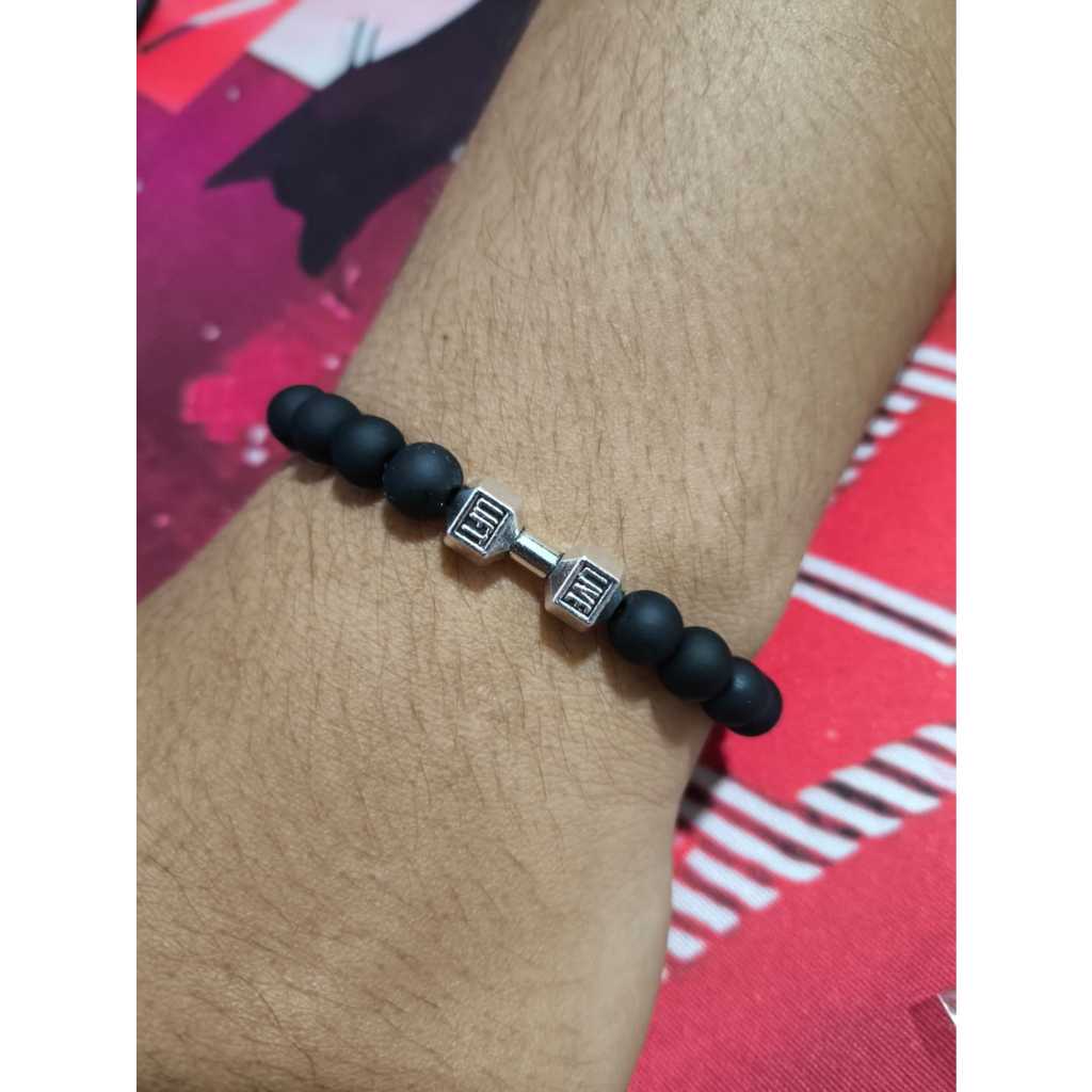 Pulseira Fitness Masculina/Unissex-Halteres Dumbbell Pratae Contas Pretas Matte(Pedra Natural Vulcânica)com halteres