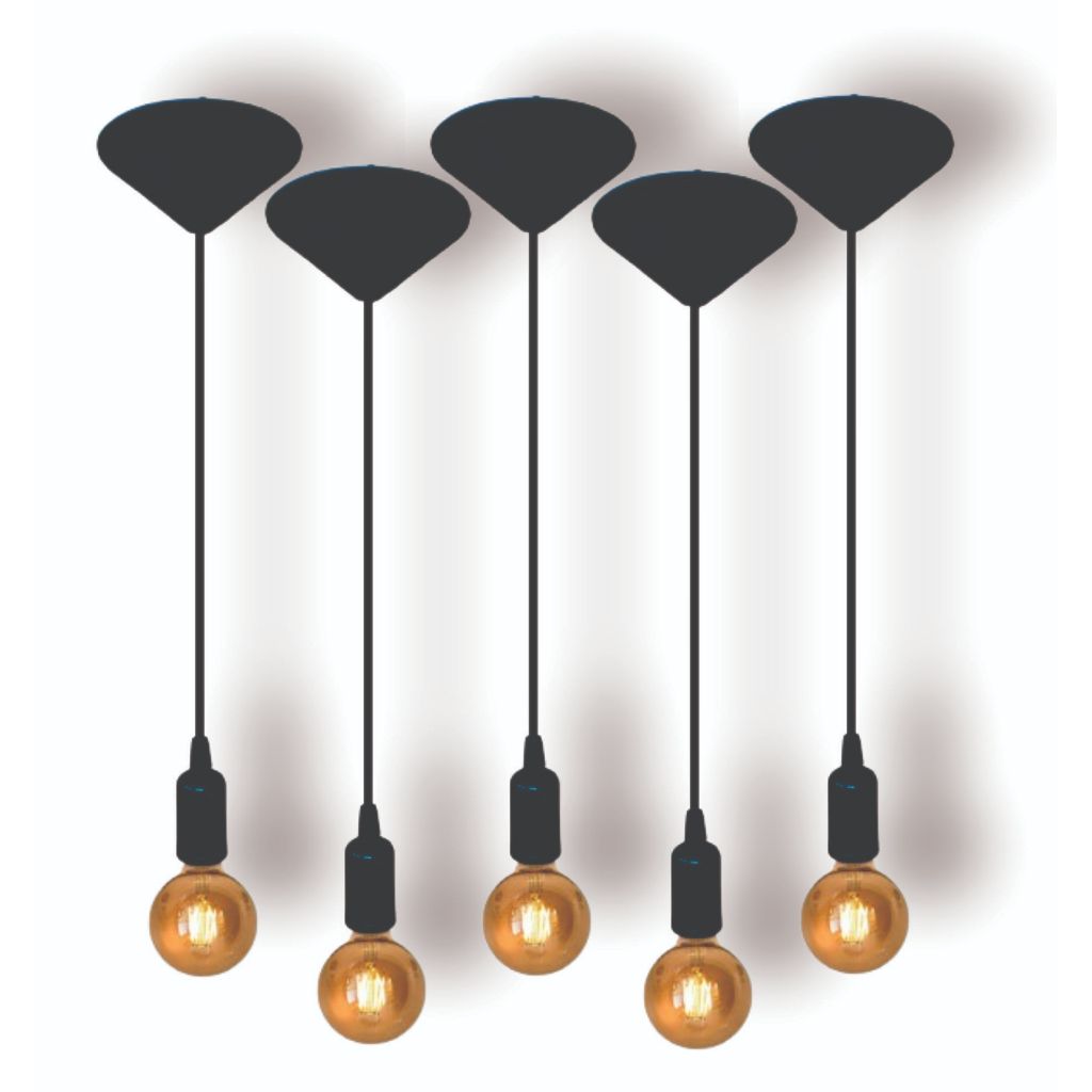 Kit 5 Fio Pendente Lustre Luminária de Teto Soquete Liso E27 Cabo PP Preto 1mt