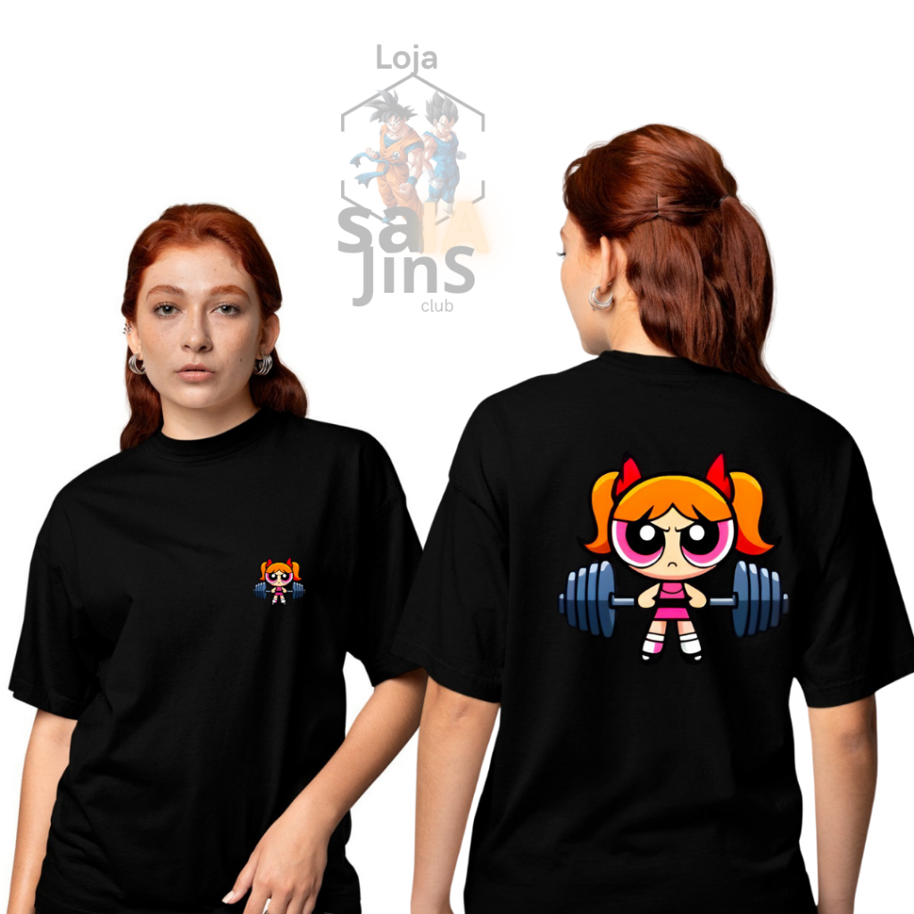 Camiseta Estampada Menina Lindinha Academia Power Girl Fitness Desenho Oversized 100% Algodão Premium Preta