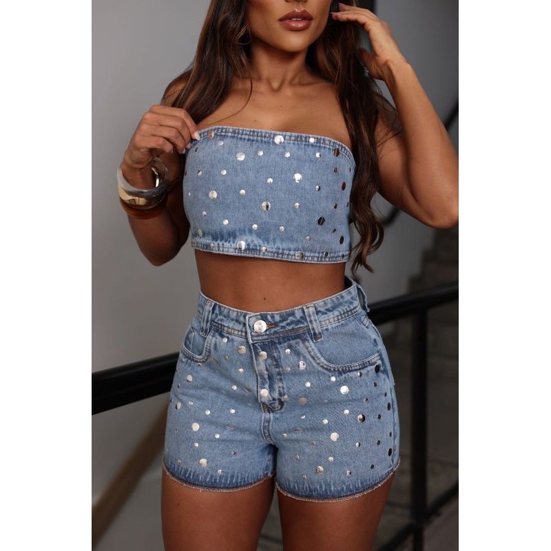 Conjunto Jeans Feminino com Detalhes Metalizados – Estilo e Brilho na Medida em Oferta na Shopee
