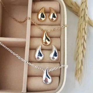 Conjunto Brinco e Colar Gota Virgula Feminino Folheado a Prata 925 e Ouro 18k em Oferta na Shopee