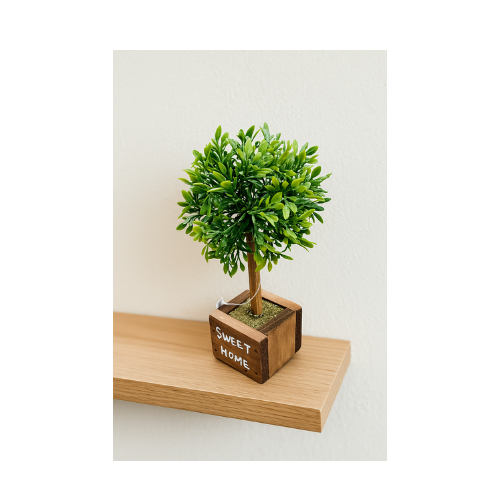 Mini Árvore Decorativa em Vaso de Madeira “Sweet Home” – Enfeite para Sala, Escritório e Estante