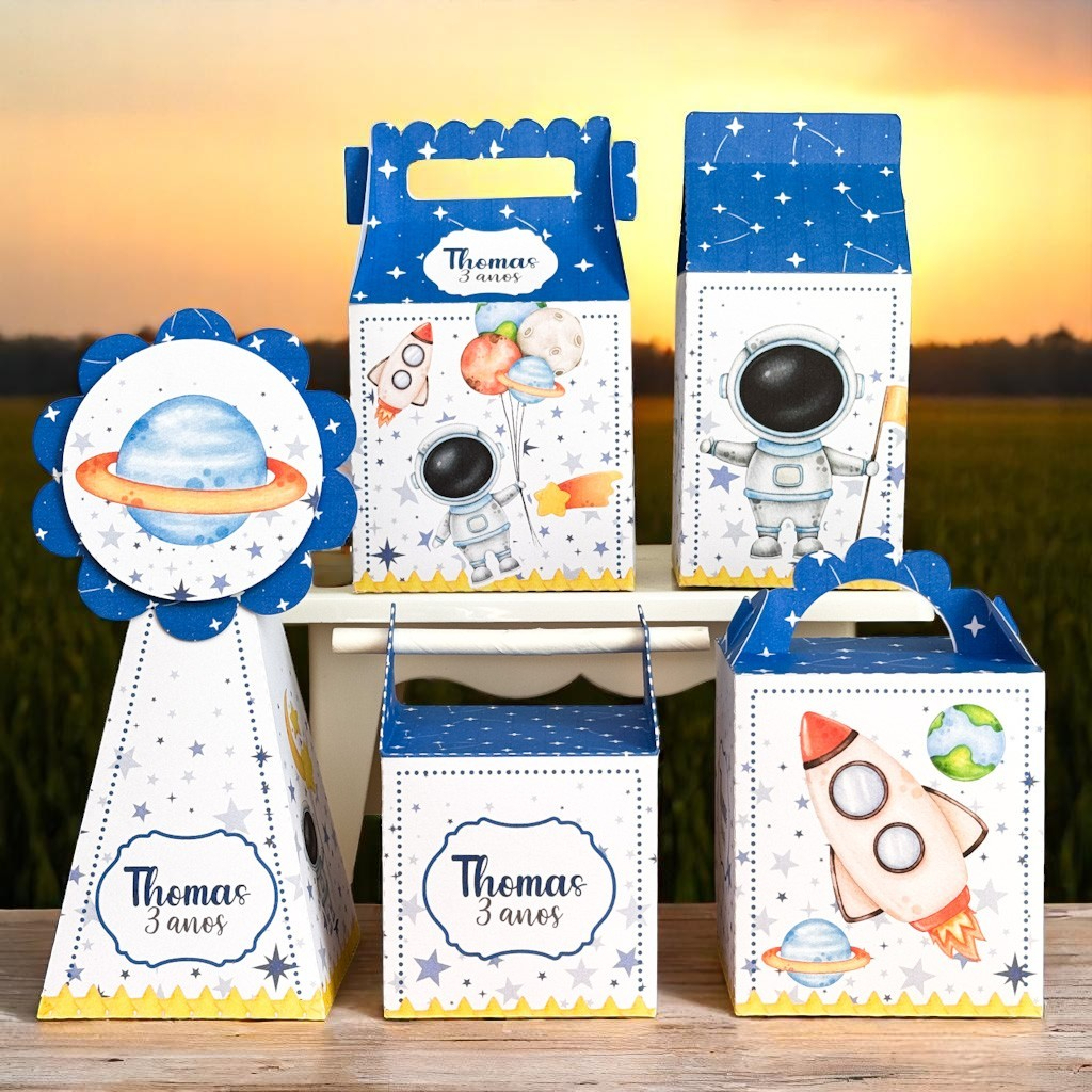 KIT FESTA Astronauta Azul Personalizado pegue e Monte Lembrancinhas - Aniversário - Caixinha Personalizadas