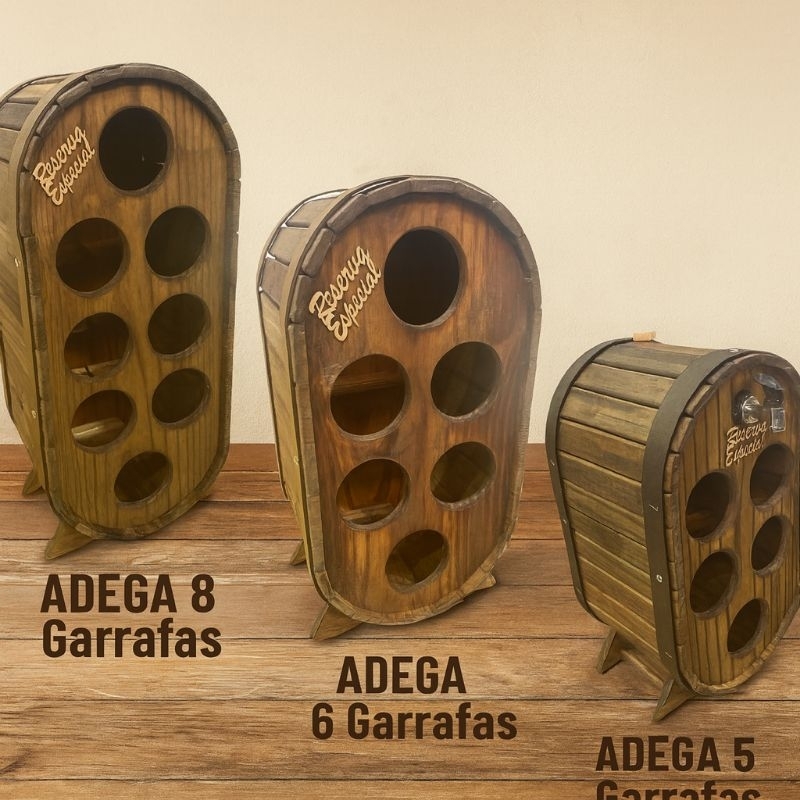 Adega de Madeira Rústica – Modelos 8, 6 e 5 Garrafas | Barril Decorativo Artesanal