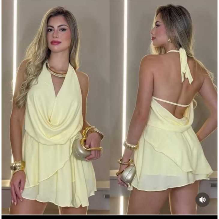 Vestido Macaquinho short por baixo feminino Soltinho Costa Nua Gola Boba Tendencia Moda