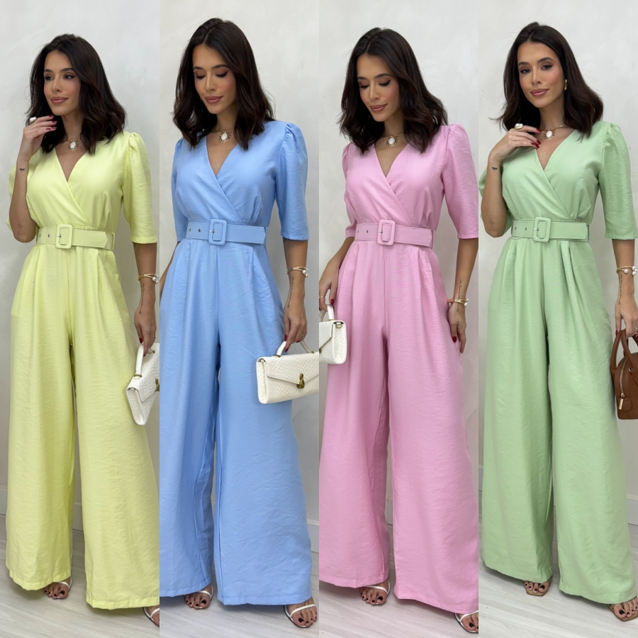 MACACÃO FEMININO COM CINTO  MANGA 3/4  NO  TECIDO SENSORIAL MARRANT