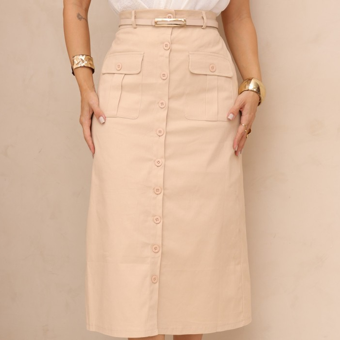 Saia feminina midi com cinto e botões e bolso na frente/YJY666-37 em Oferta na Shopee