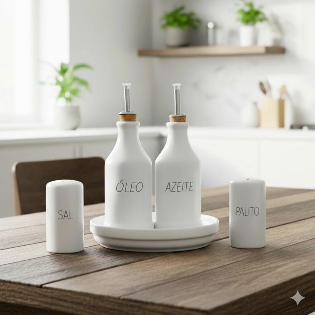 Conjunto Galheteiro Porcelana Bandeja Redonda óleo e Azeite