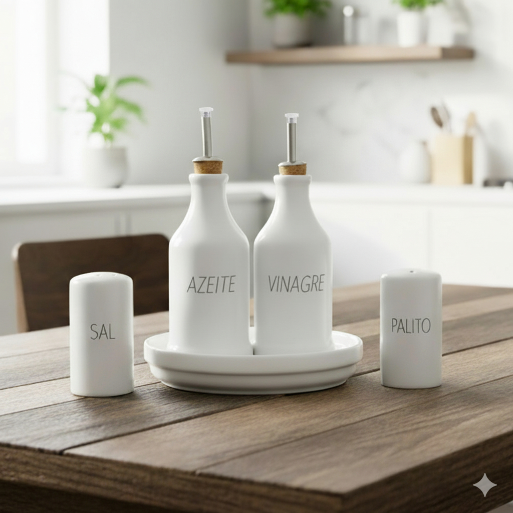 Conjunto Galheteiro Porcelana Bandeja Redonda Azeite e Vinagre