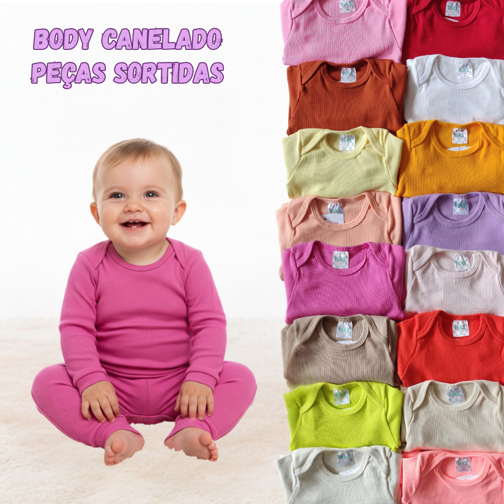 Body de Bebê Menina Canelado Sortido - Conjunto de Bebe Canelado - Roupa de Bebê - Tam RN ao GG