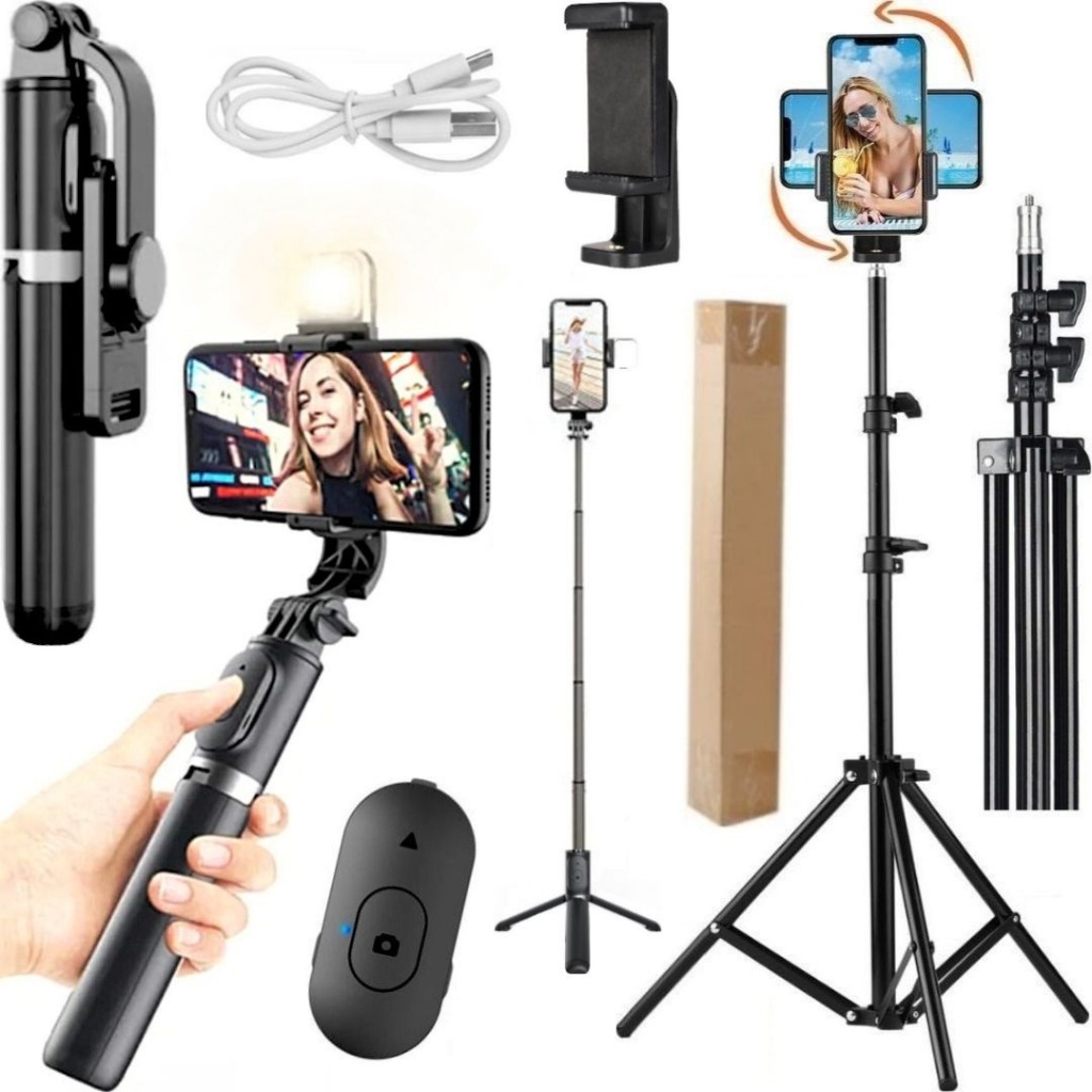 Kit Tripé 2 Metros Suporte Para Celular 360 + Bastão Retrátil Com Led Controle Remoto