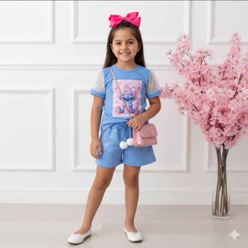 conjunto infantil stich menina  , short com tule estrelinhas e pompom , blusa com detalhes de strass e manga de tule