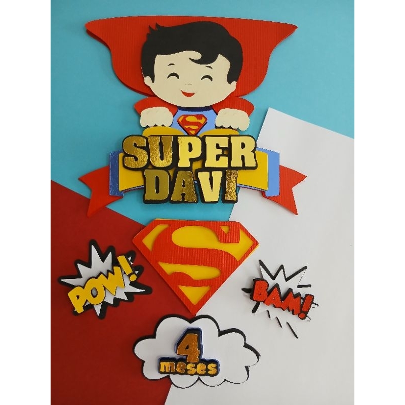 Topper Topo de bolo personalizado Super man baby- Super homem baby luxo 3D em camadas - Mesversário aniversário