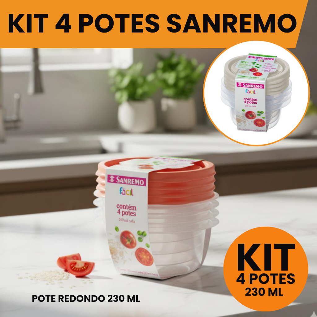 kit 4 Pote Redondo Pequeno 230ml Sanremo – Compacto, Prático e Ideal para Pequenas Porções em Oferta na Shopee