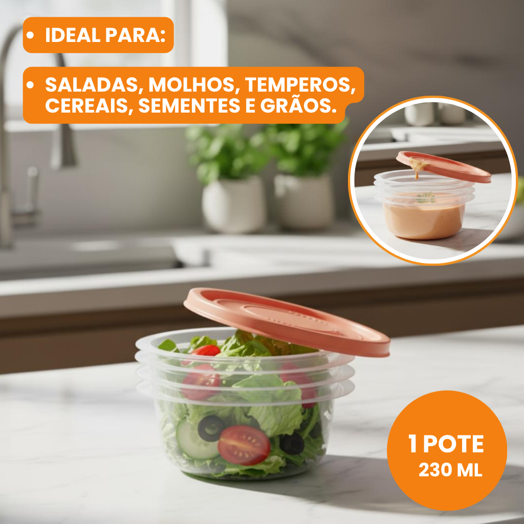 Detalhes do kit 4 Pote Redondo Pequeno 230ml Sanremo – Compacto, Prático e Ideal para Pequenas Porções