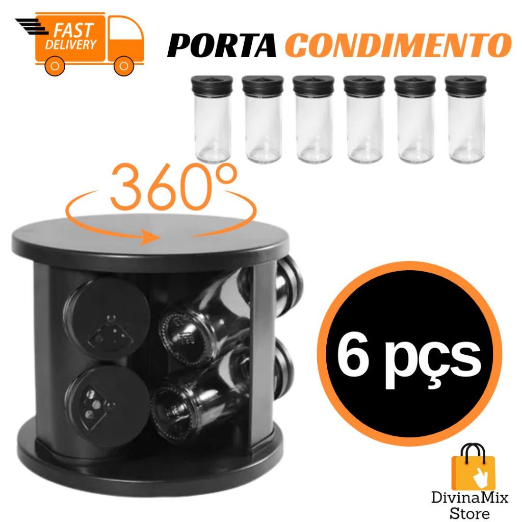 Porta Temperos 6 Potes de Vidro com Base Preta Giratória – Organização e Praticidade para sua Cozinha
