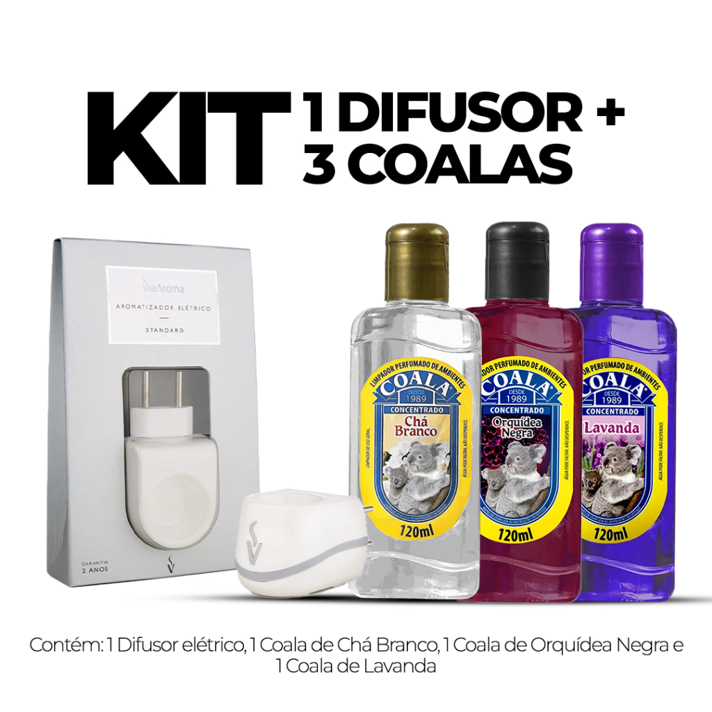 Imagem Kit Difusor Aromatizador Elétrico Standard Bivolt Via Aroma + Limpador Coala Concentrado 120 ml