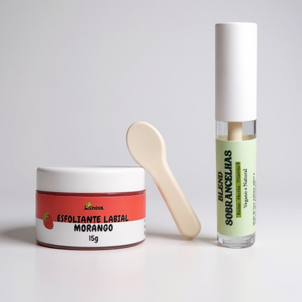 Kit Esfoliante Labial de Morango com Cristais de Quartzo + Blend para Crescimento de Sobrancelhas com Óleo Essencial
