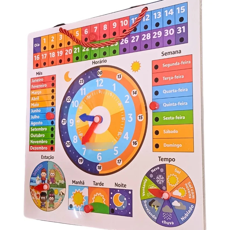 Tabuleiro Educativo Atividades Relógio Calendário Brinquedo Pedagógico Data, Hora, Dia Da Semana Tempo Menina Menino