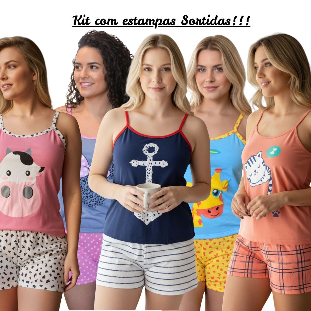 Kit 5 Pijamas Feminino Curto Baby Doll alcinha Verão em malha estampas sortidas