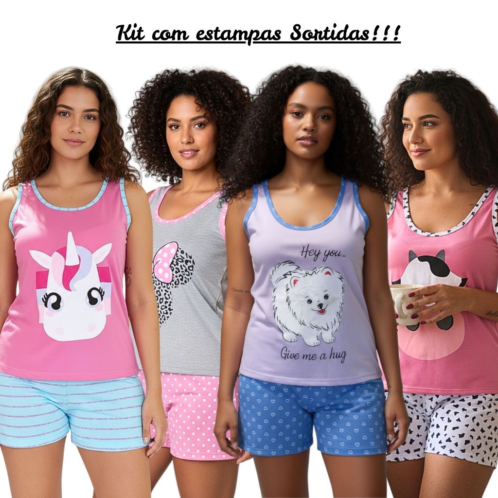 Kit com 3 Baby Doll Regata Pijama de Verão Short Doll em Malha de Qualidade Estampas Sorti...
