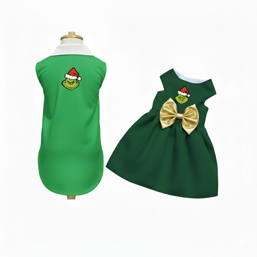 Fantasia Pet Natalina Grinch | Vestidinho Fêmea e Camiseta Macho PP ao G