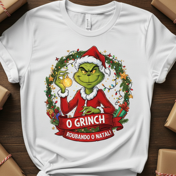Camiseta T-shirt Branca, Feliz Natal do Grinch, Natal, Merry Christmas
