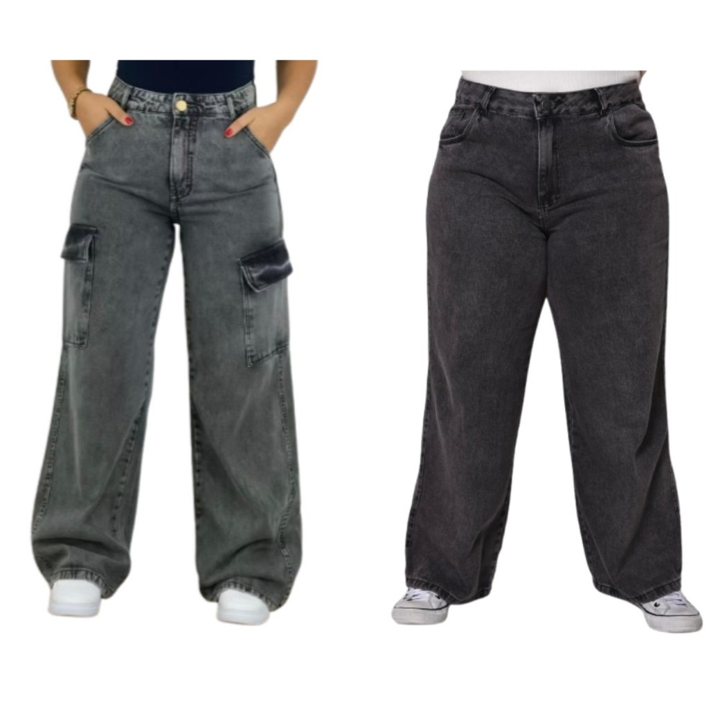 KIT 2 calças jeans cargo Grafite e Wide leg plus size 100% algodão 46 ao 54 em Oferta na Shopee