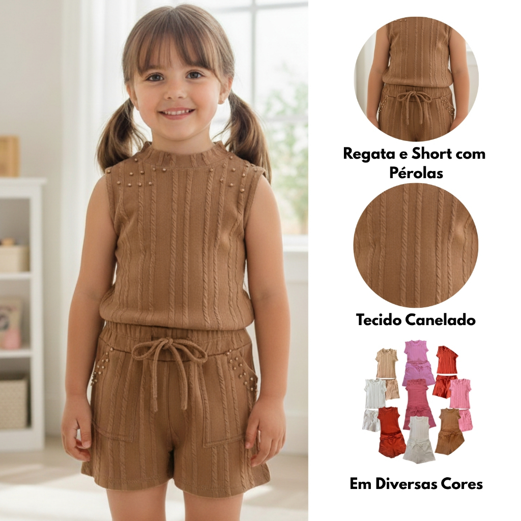 Conjunto Feminino Infantil com Regata e Short com Pérolas  em Tecido Canelado em Oferta na Shopee