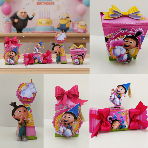KIT MONTADO -kit personalizados AGNES ROSA MEU MALVADO FAVORITO lembrancinhas caixinhas de aniversário festa infantil