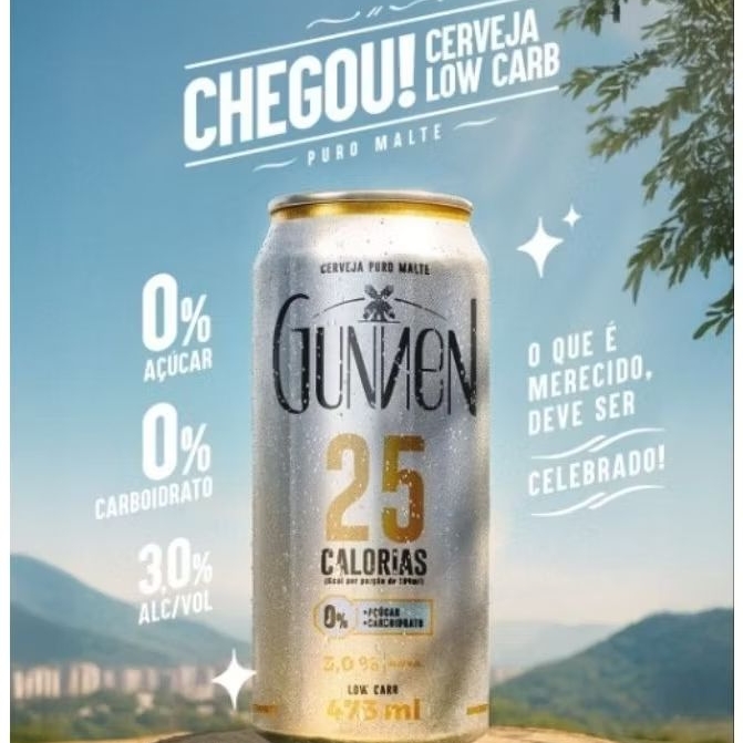 Cerveja Gunnen Puro Malte Low Carb 3% Álcool | Zero Açúcar | 25 Calorias | 350ml, 473ml ou Long Neck - Envio rápido em Oferta na Shopee
