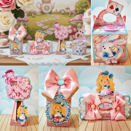 KIT MONTADO - kit personalizados ALICE NO PAÍS DAS MARAVILHAS, lembrancinhas caixinhas de aniversário festa infantil