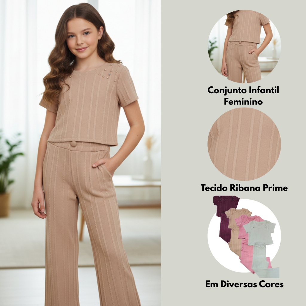 Conjunto Infantil Feminino – Blusa com Pérolas + Calça com Bolsos | Tecido Ribana Prime em Oferta na Shopee