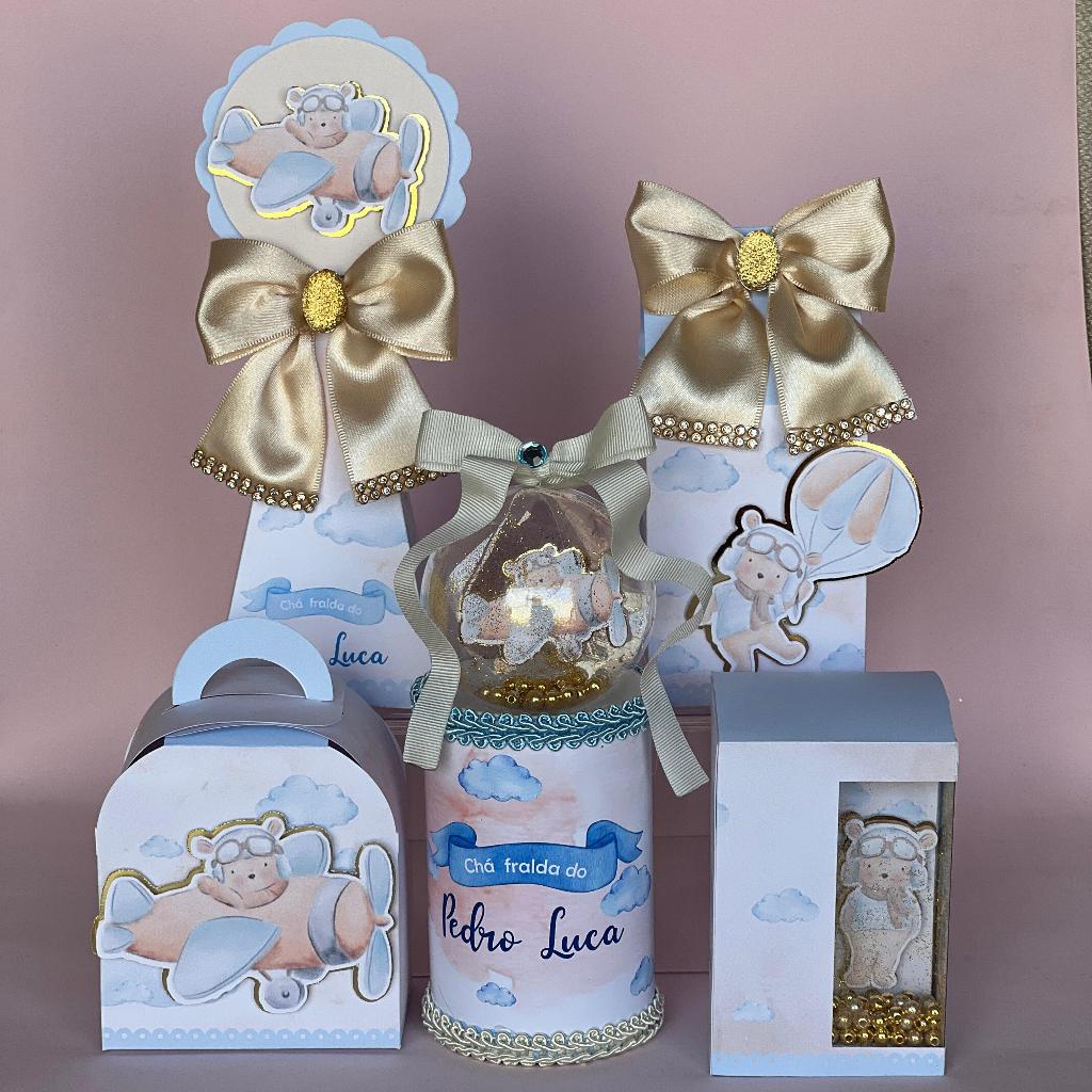 Lembrancinha Personalizado Chá de Fralda/Ursinho/Revelação Kit Luxo |MONTADO, C/ LAÇO  E COM TAG 3D/ Caixinhas
