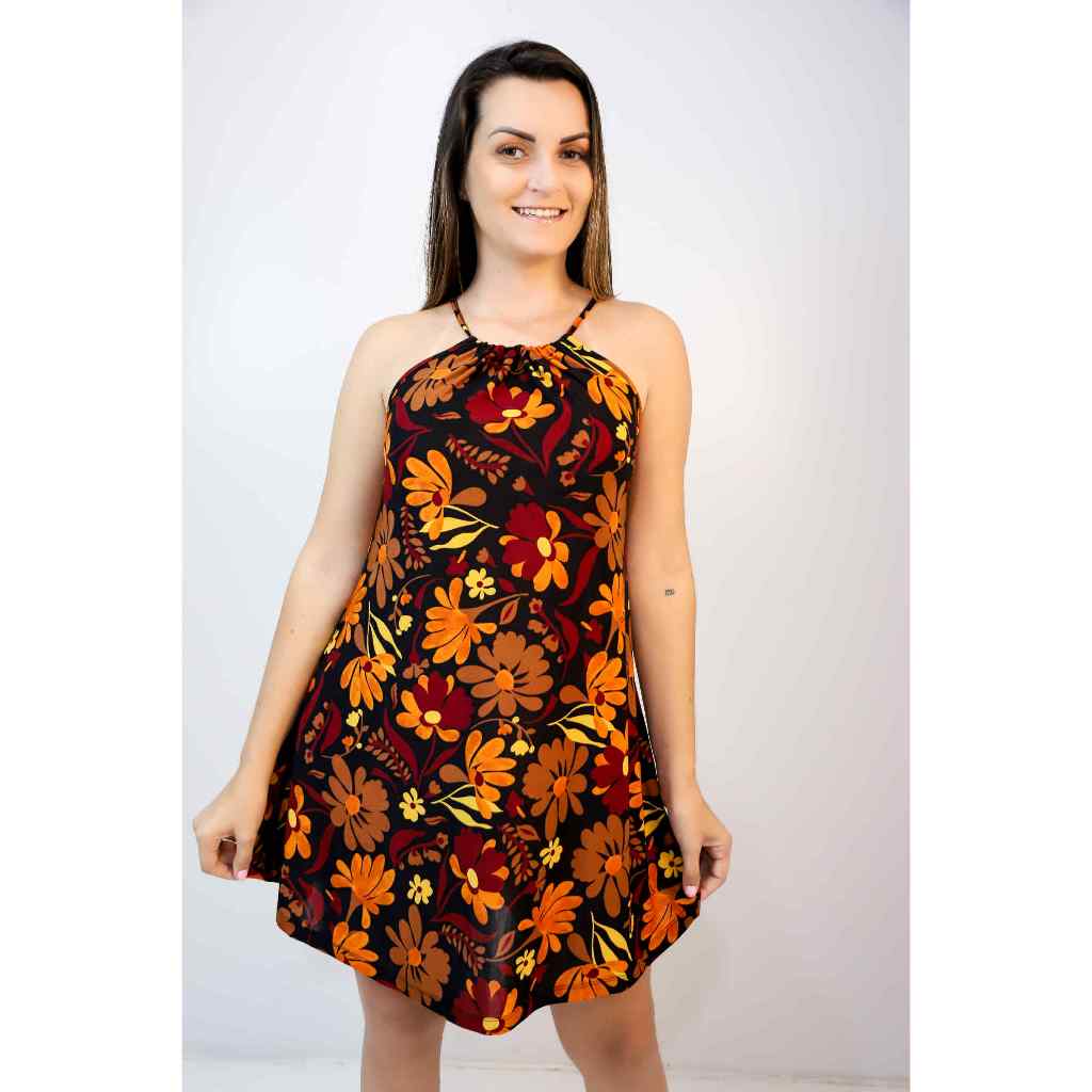 Vestido liganete estampado solto soltinho com alça regulável de amarrar no pescoço fresquinho
