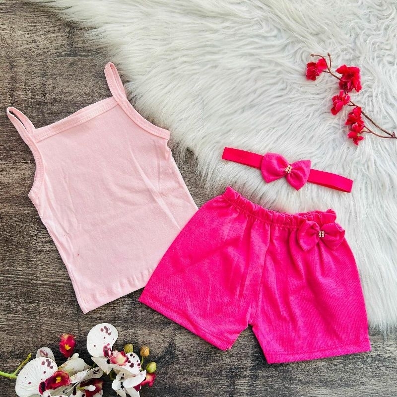 Conjunto Regata Alcinha Short e Faixa de Cabelo Bebê Menina