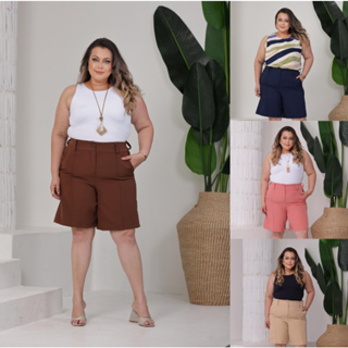Bermuda Alfaiataria Feminino Plus Size Estilo Social Elegante Com Elástico nas Costas em Oferta na Shopee