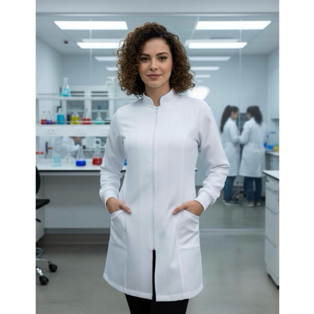 Jaleco Feminino branco gola padre com zíper e punho acinturado dentista médica enfermeira botão