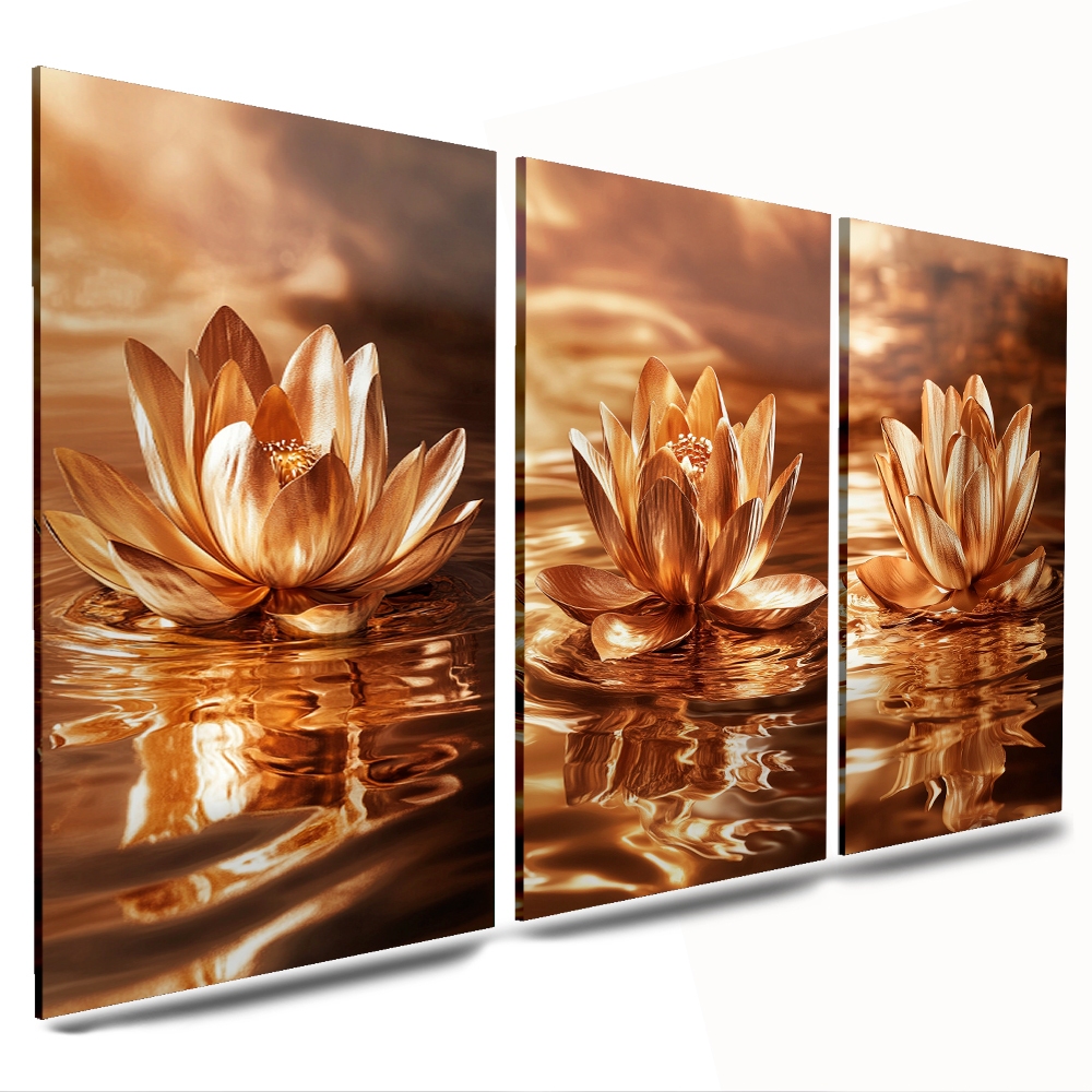 kit 3 peças quadros decorativo paisagem flor rosa marrom agua para sala cozinha quarto
