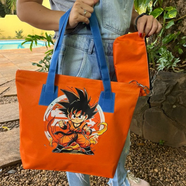 kit Bolsas + Necesser Sacola Impermeavel Anime Cores Vivas Moda praia piscina Casual Estampa Goku
