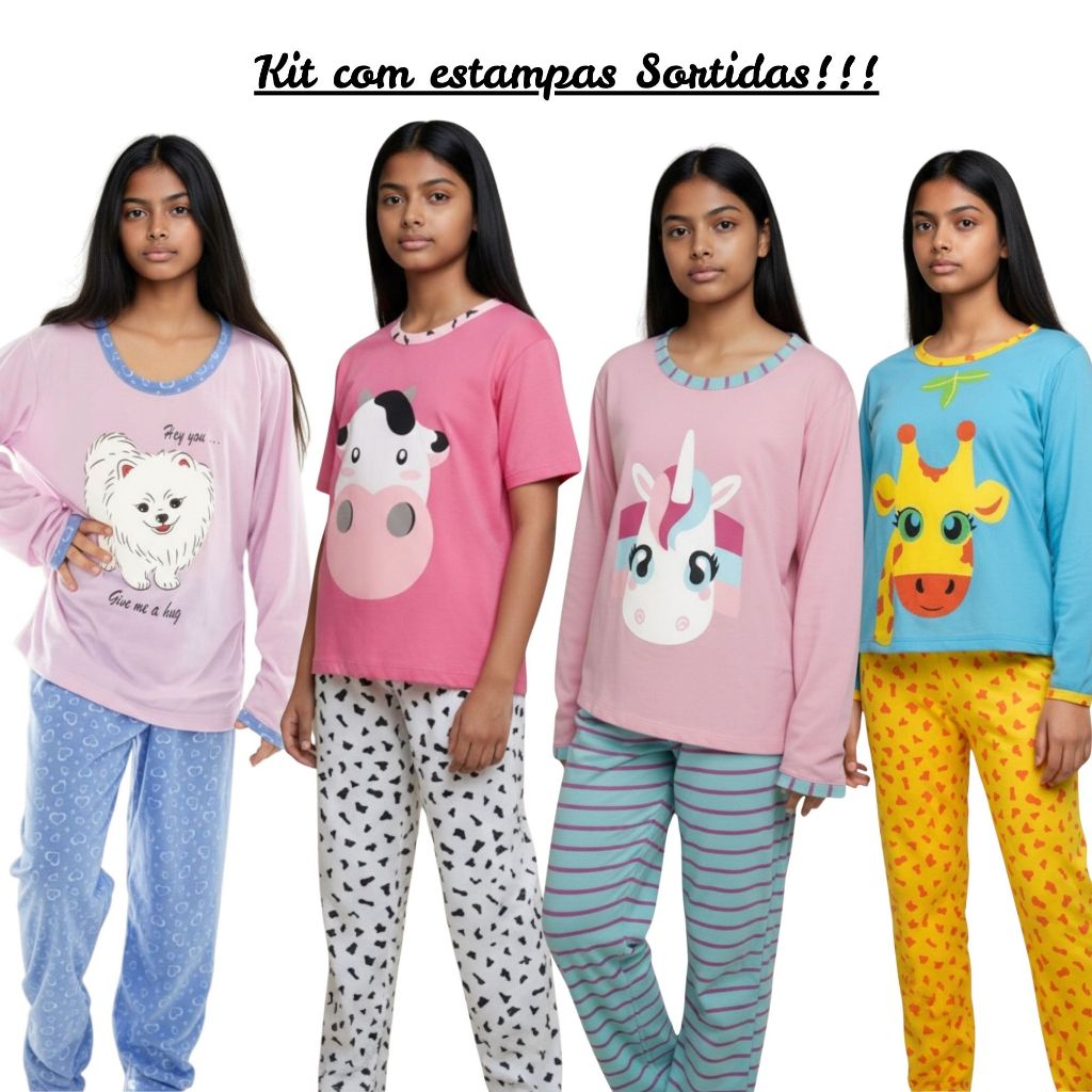 2 Pijamas Infantil Feminino Meninas Manga Longa Inverno Estampas Sortidas