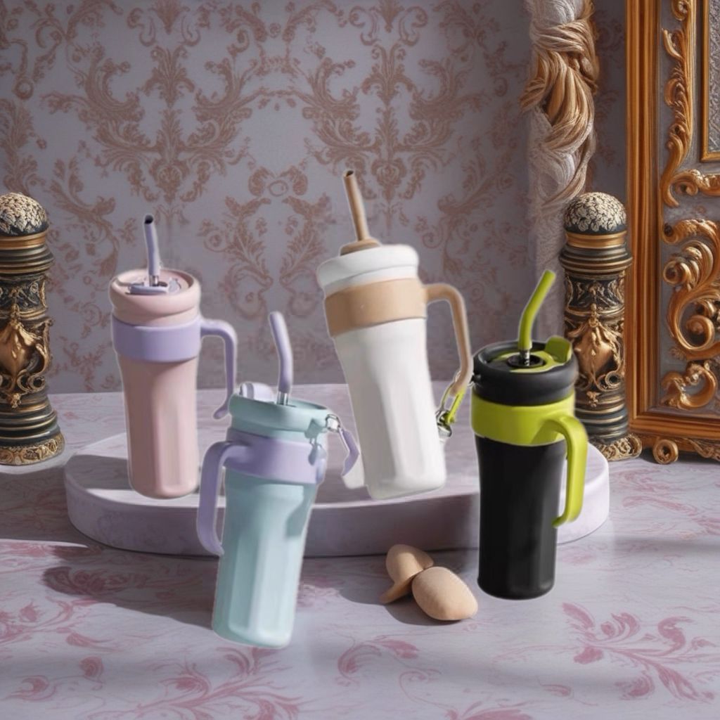 NOVO Copo Térmico com Alça Aberta com Canudo de Aço Inox 1200ml  Térmica Fitness com Tampa 2 Funções