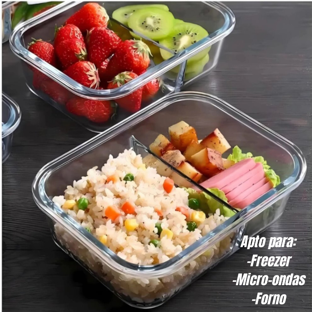 Kit Pote Marmita 1520ml Hermética Com Divisória Tampa com trava em Vidro Borossilicato não vaza em Oferta na Shopee