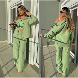 Conjunto Feminino Calça larga cintura alta Blusa manga longa botões em Oferta na Shopee