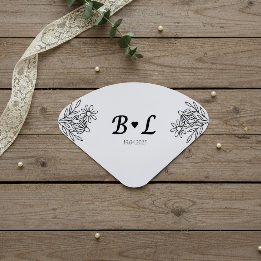 Ventarola Casamento Floral Minimalista | Personalizada Iniciais & Data | Elegante Preto & Branco