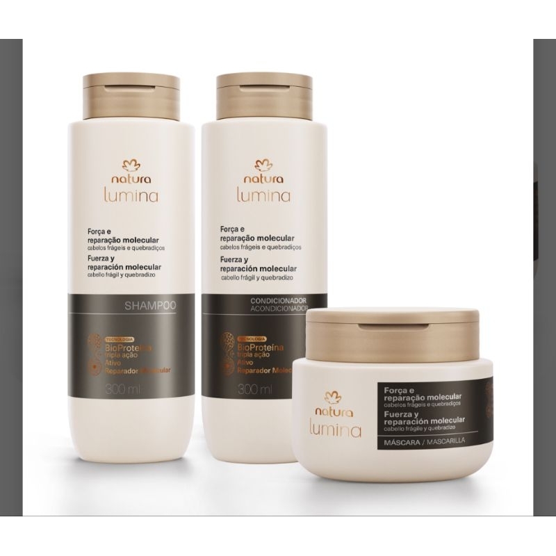 kit de shampoo, condicionador e máscara lumina força e Reparação molecular Natura