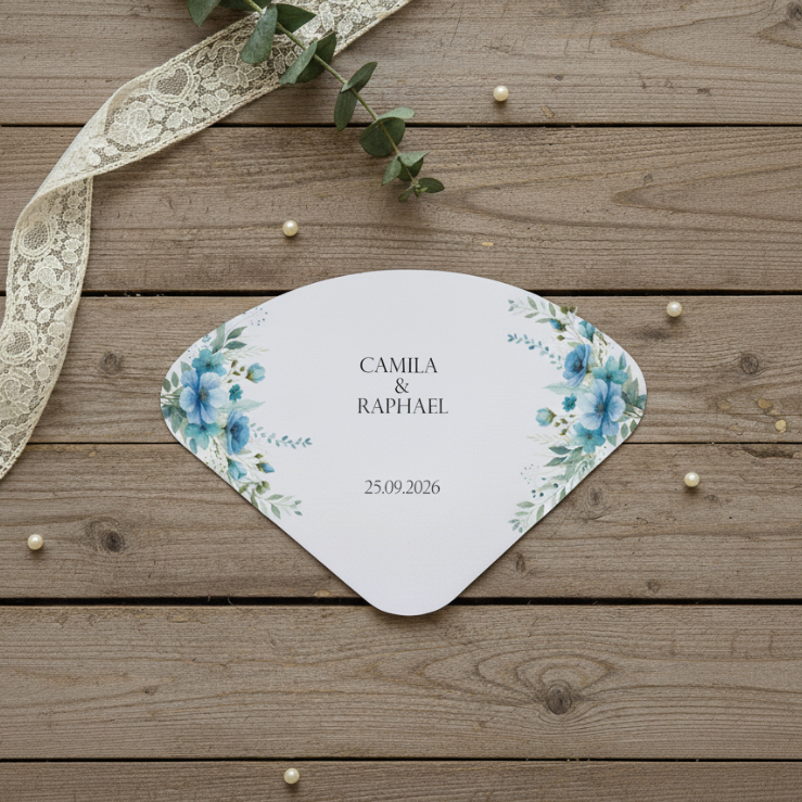 Ventarola Casamento Flores Azuis Personalizada | Leque de Mão Elegante Azul & Branco | Botânica