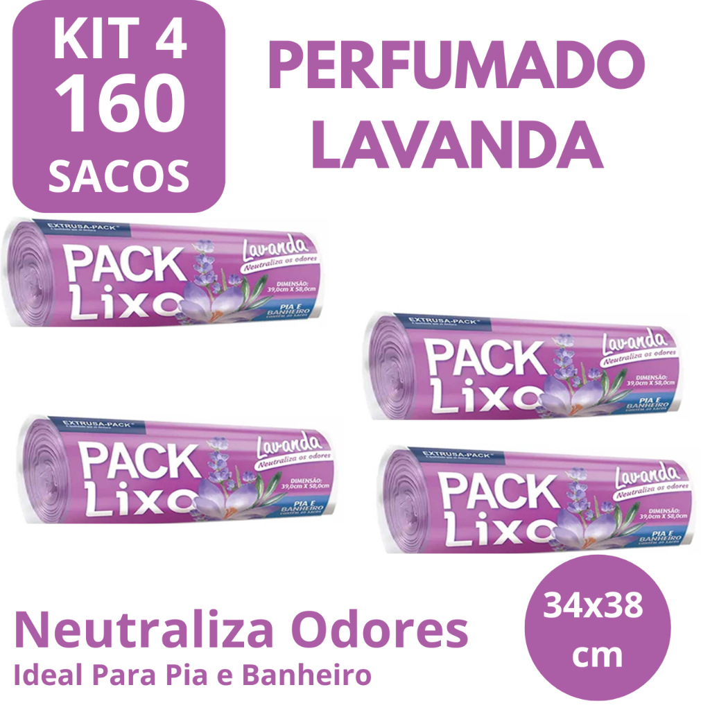 Kit 4 Sacos de Lixo Perfumados Lavanda | Kit 4 com 160 Sacos | Para Pia e Banheiro | 34x38cm | Neutraliza Odores