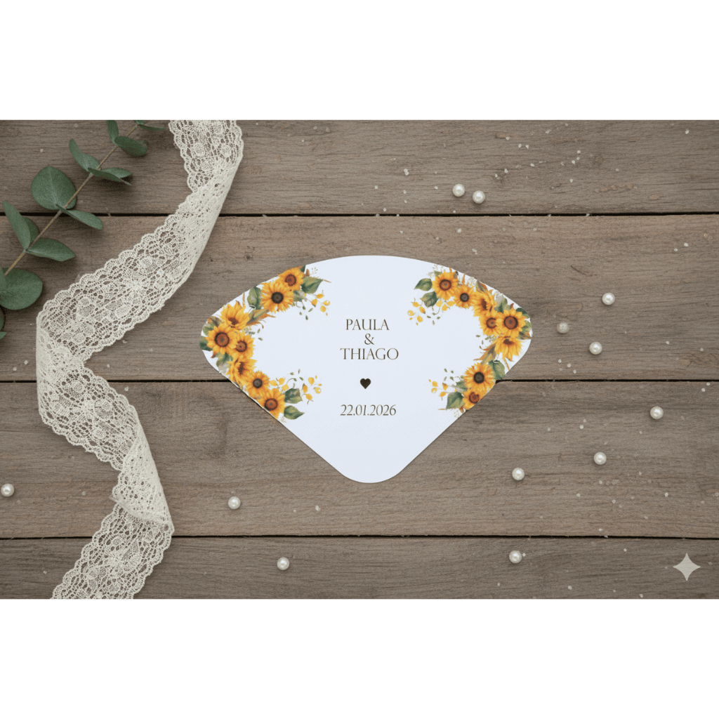 Ventarola Casamento Girassóis Personalizada | Leque de Mão Tema Fazenda Campo | Alegre & Solar