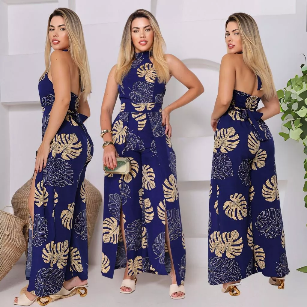Macacão longo feminina estampado costa lastex, é feito de lastex,
